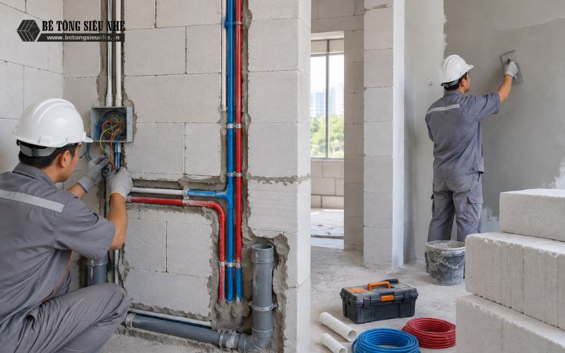 lắp đặt hệ thống điện nước và hoàn thiện tường AAC